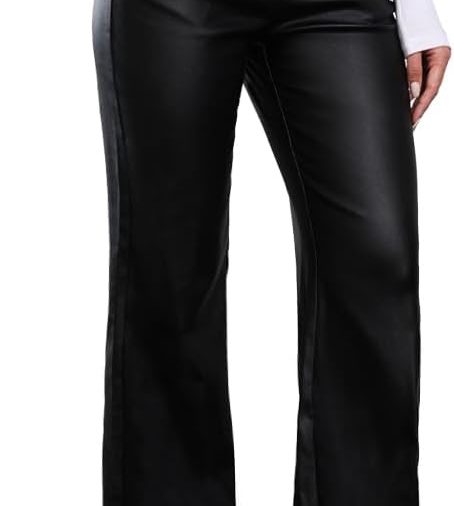 Women's Faux Leather Pants Wide-Leg Loose Flared Black Leather Pants Baggy Trousers with Buttons Pockets