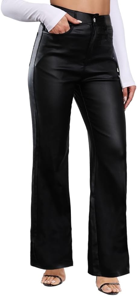 Women's Faux Leather Pants Wide-Leg Loose Flared Black Leather Pants Baggy Trousers with Buttons Pockets