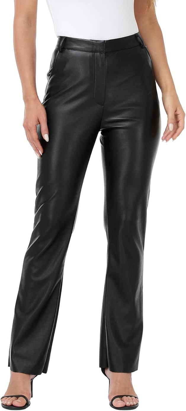 Women's Faux Leather Pants High Waisted Straight Leg Trousers with Pockets