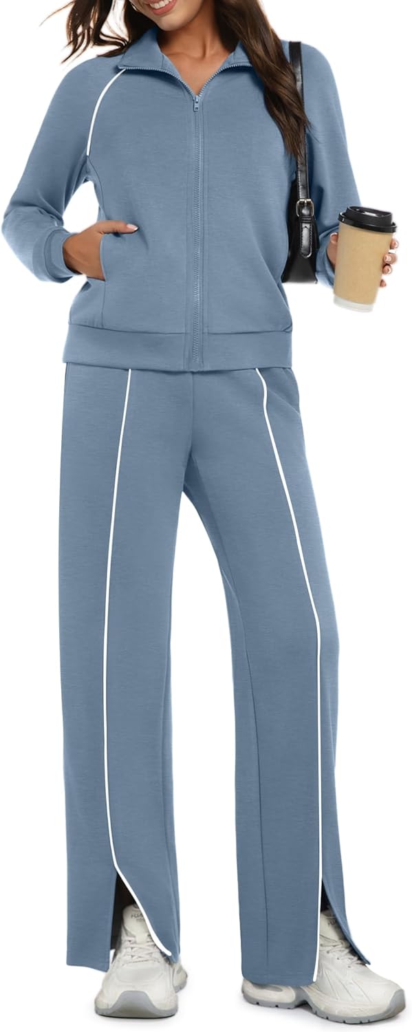 Womens 2 Piece Outfits 2025 Casual Zip Up Sweatsuits Lounge Set Airport Travel Wide Leg Pants Striped Tracksuit