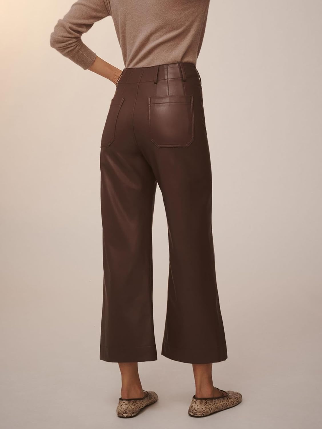 Women's Faux Leather Pants High Waisted Wide Straight Leg Pants Trousers with Pockets - Image 2