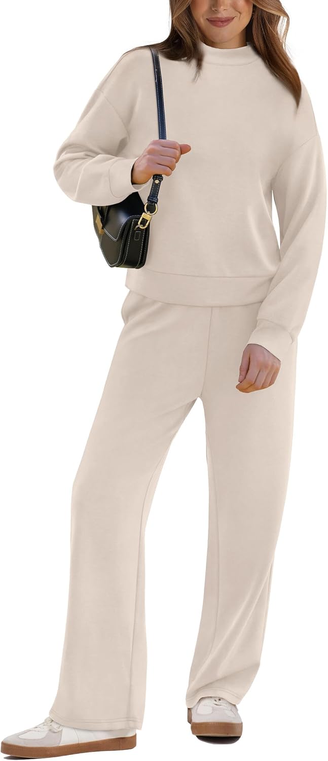 Two Piece Sets for Women Fall Outfits Lounge Sets Mock Neck Tops Wide Leg Pants Vacation Travel Airport Outfits - Image 2