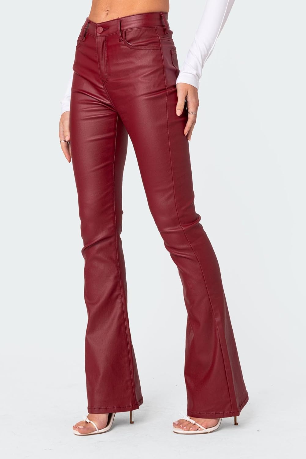 Women Faux Leather Flare Pants High Waisted Skinny Bell Bottoms Leggings Trendy Bootcut Pants with Slant Pocket - Image 2