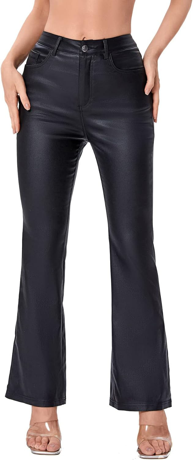 Women's High Waist Pockets Straight Leg Jeans Leather Look Pants