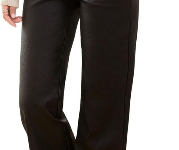Women's High Waist Leather Leggings Pocket Straight Wide Leg  Pants