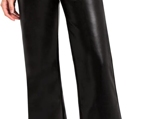 Black Faux Leather Pants for Women High Waisted Flare Leggings Straight Wide Leg Pleather Pants with Pockets