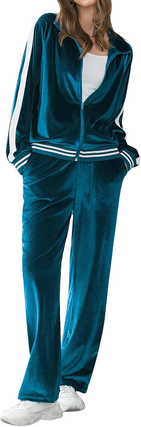 Women's Velvet Velor Tracksuits 2 Piece Lounge Outfits Zip Up Sweatshirt and Sweatpants with Pockets S-3XL