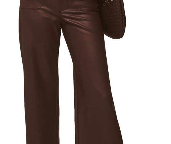 Women's Faux Leather Pants High Waisted Wide Straight Leg Pants  Trousers with Pockets