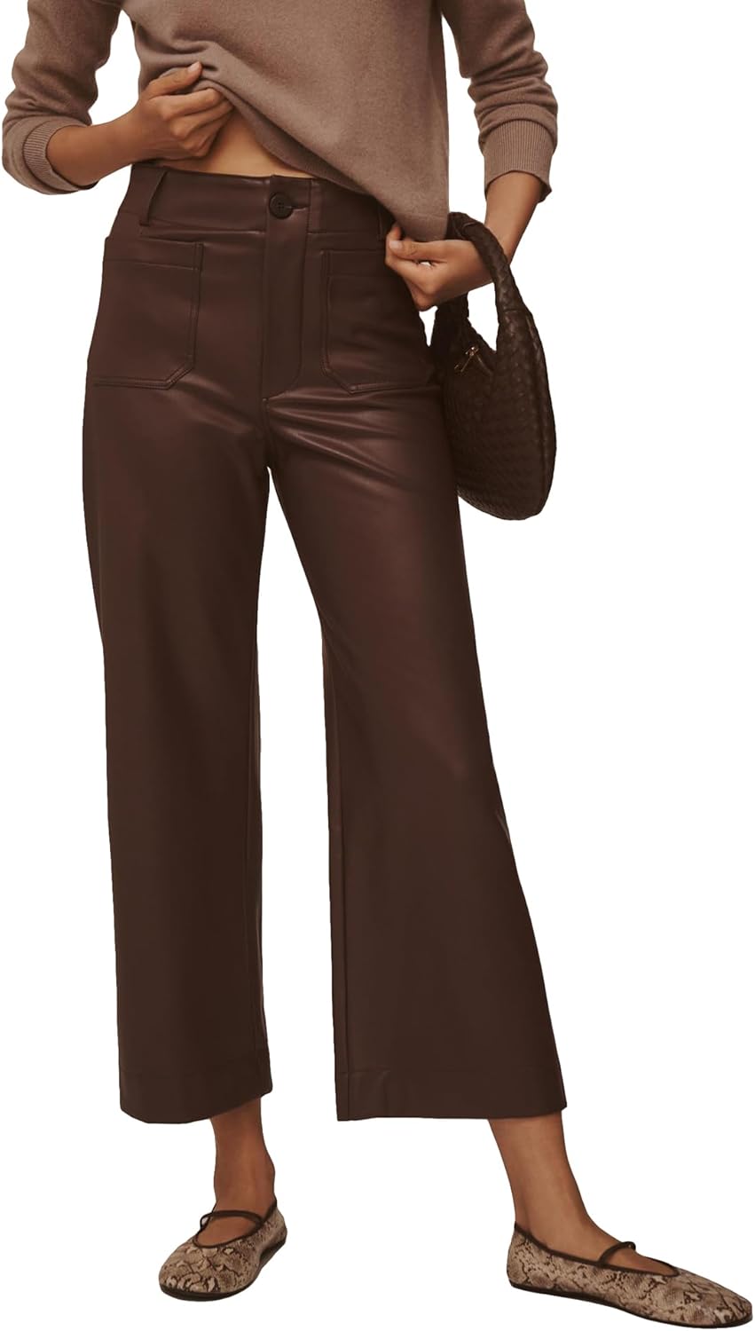 Women's Faux Leather Pants High Waisted Wide Straight Leg Pants Trousers with Pockets