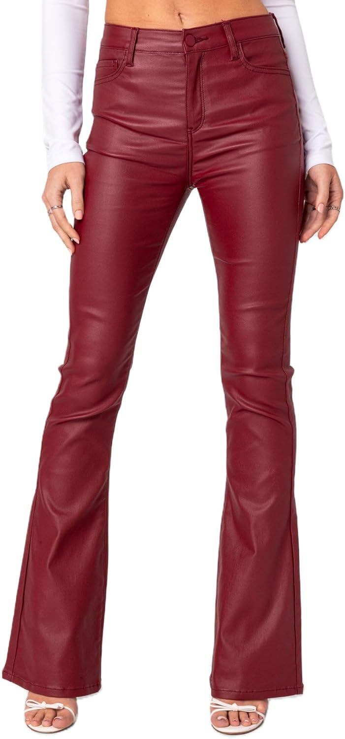 Women Faux Leather Flare Pants High Waisted Skinny Bell Bottoms Leggings Trendy Bootcut Pants with Slant Pocket