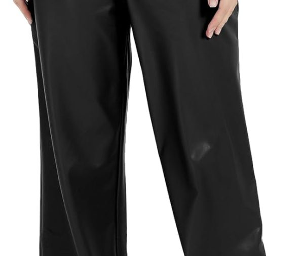 Women's Black Leather Pants, High Waist Faux Leather Straight Pants, Wide Leg Leather Leggings Bell Bottom Flare Pants