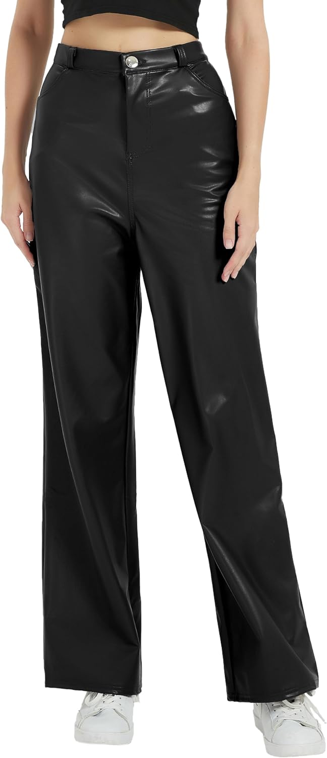 Women's Black Leather Pants, High Waist Faux Leather Straight Pants, Wide Leg Leather Leggings Bell Bottom Flare Pants