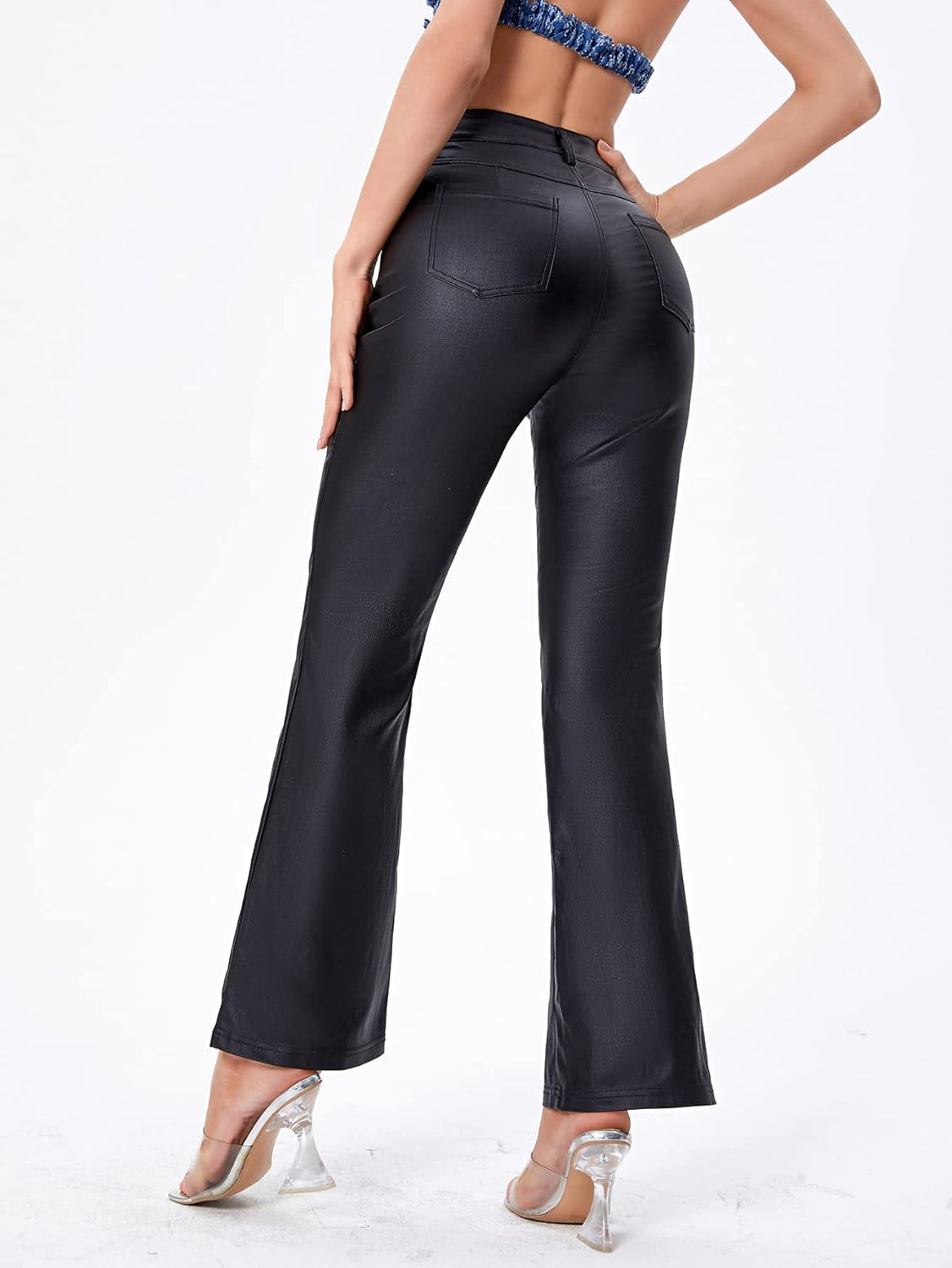Women's High Waist Pockets Straight Leg Jeans Leather Look Pants - Image 2
