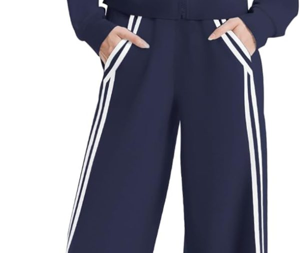 Women's 2 Piece Lounge Outfits Zip Up Sweat Set Contrast Striped Wide Leg Jogging Pants Travel Track Suit