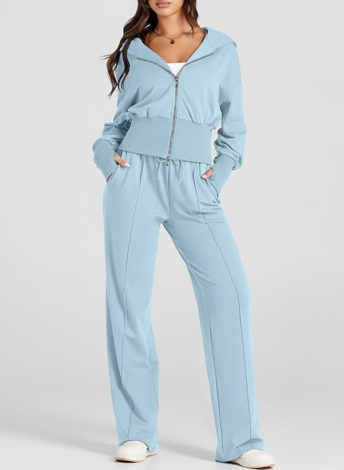 Womens 2 Piece Casual Outfit Workout Hoodie Sweatsuits with Sweatpant Travel Airport Track Suits Lounge Sets - Image 2