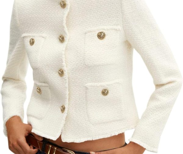 Womens Cropped Tweed Blazer Collarless Casual Business Suit Jacket Fall Elegant Outerwear