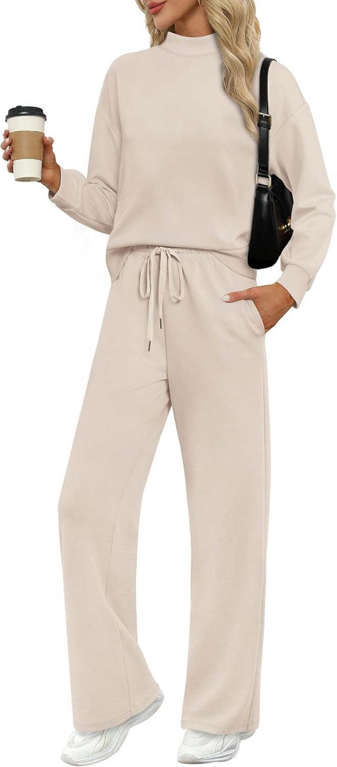 Two Piece Sets for Women Fall Outfits Lounge Sets Mock Neck Tops Wide Leg Pants Vacation Travel Airport Outfits