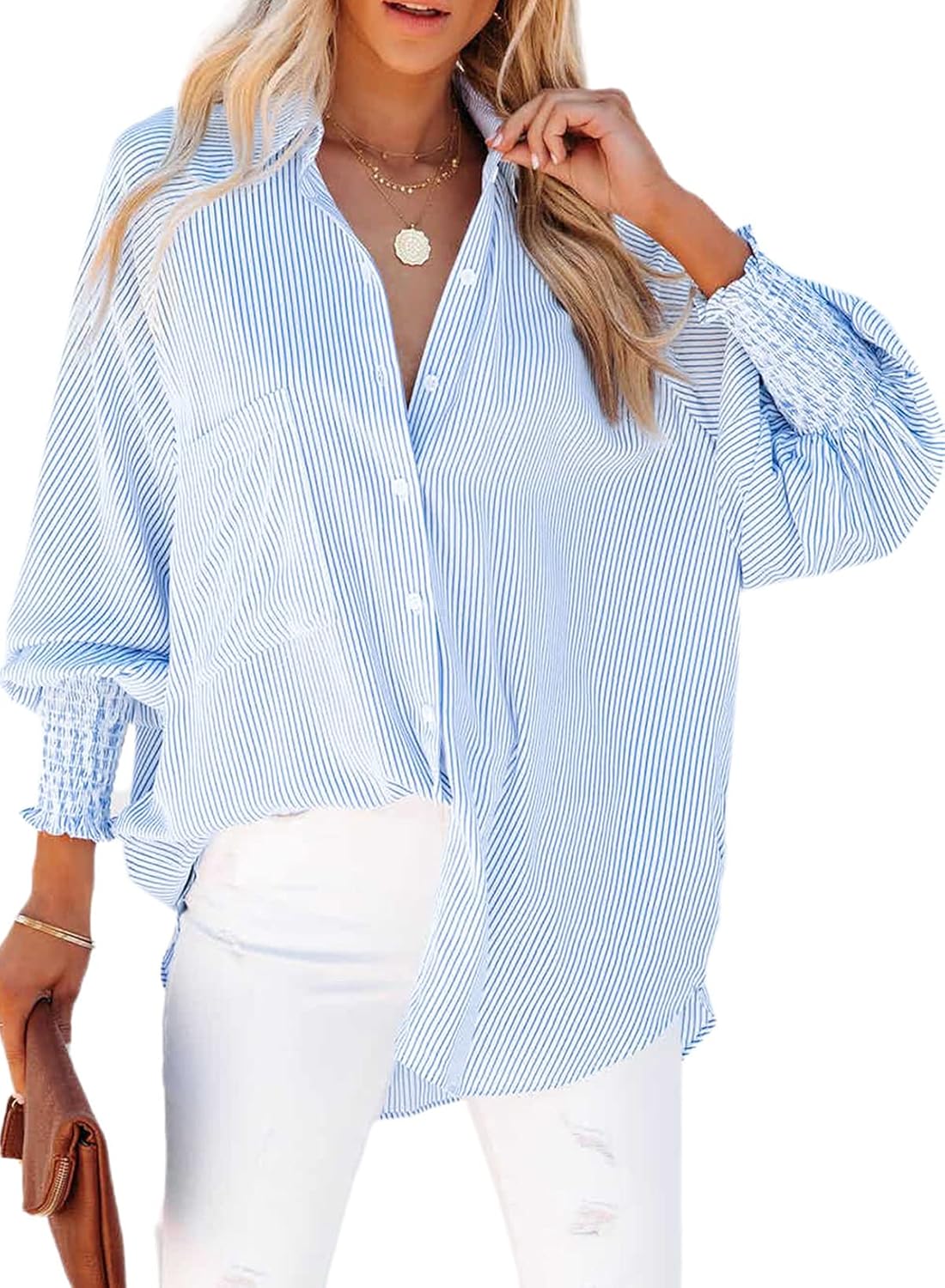 Womens Smocked Cuffed Striped Boyfriend Shirt Casual Collar Long Sleeve Oversized Button Down Blouse Tops with Pocket Shirred