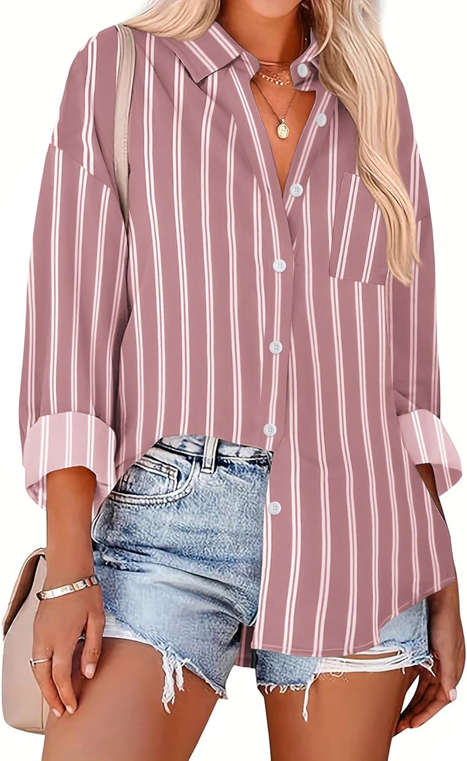 Women Button Down Striped Shirts Drop Shoulder Blouse Long Sleeve Oversized Shirt with Pocket - Image 2