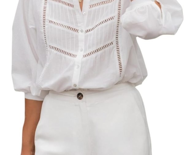 Women's Button Down Shirts Lace Blouses Bracelet Sleeves Round Neck Loose Pleated Cotton Tops