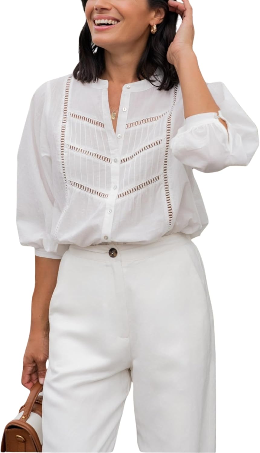 Women's Button Down Shirts Lace Blouses Bracelet Sleeves Round Neck Loose Pleated Cotton Tops