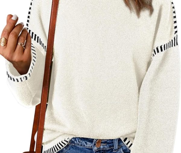Sweaters for Women Fashion Solid Crewneck Loose Fit Long Sleeve Contrast Cable Knit Pullover Sweater Jumper Tops