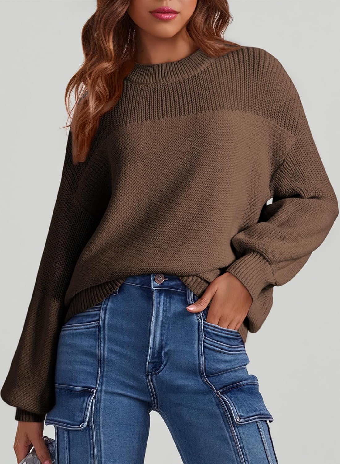Women's Casual Long Sleeve Sweaters Loose Crewneck Knit Solid Pullover Sweater Jumper Tops - Image 2
