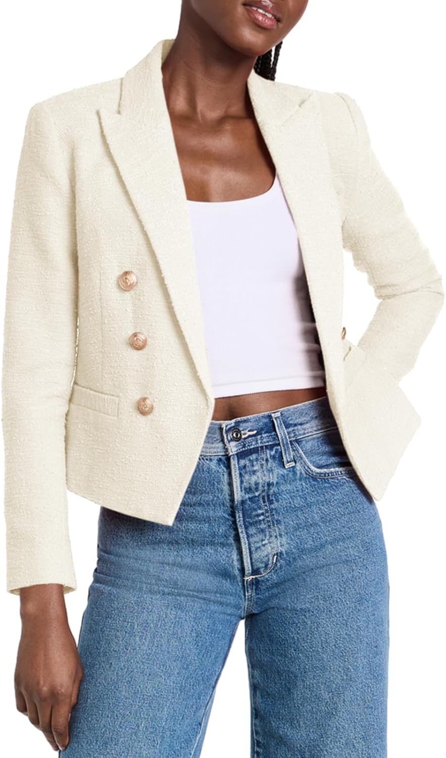 Women Cropped Tweed Blazer Jackets Lapel Open Front Long Sve Business Suit Jackets with Pocket