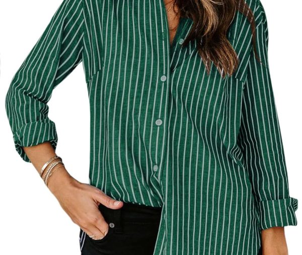 Womens Button Down Shirts Cotton Striped Dress Shirt Long Sleeve Collared Office Work Blouses Tops