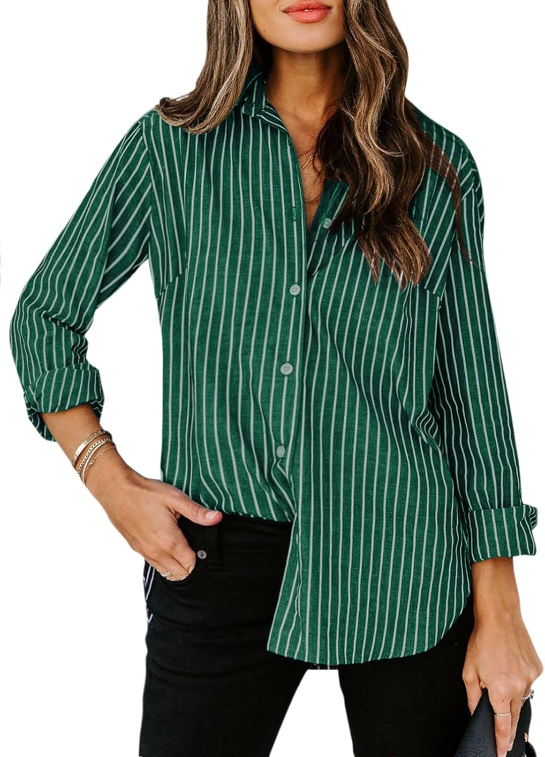 Womens Button Down Shirts Cotton Striped Dress Shirt Long Sleeve Collared Office Work Blouses Tops