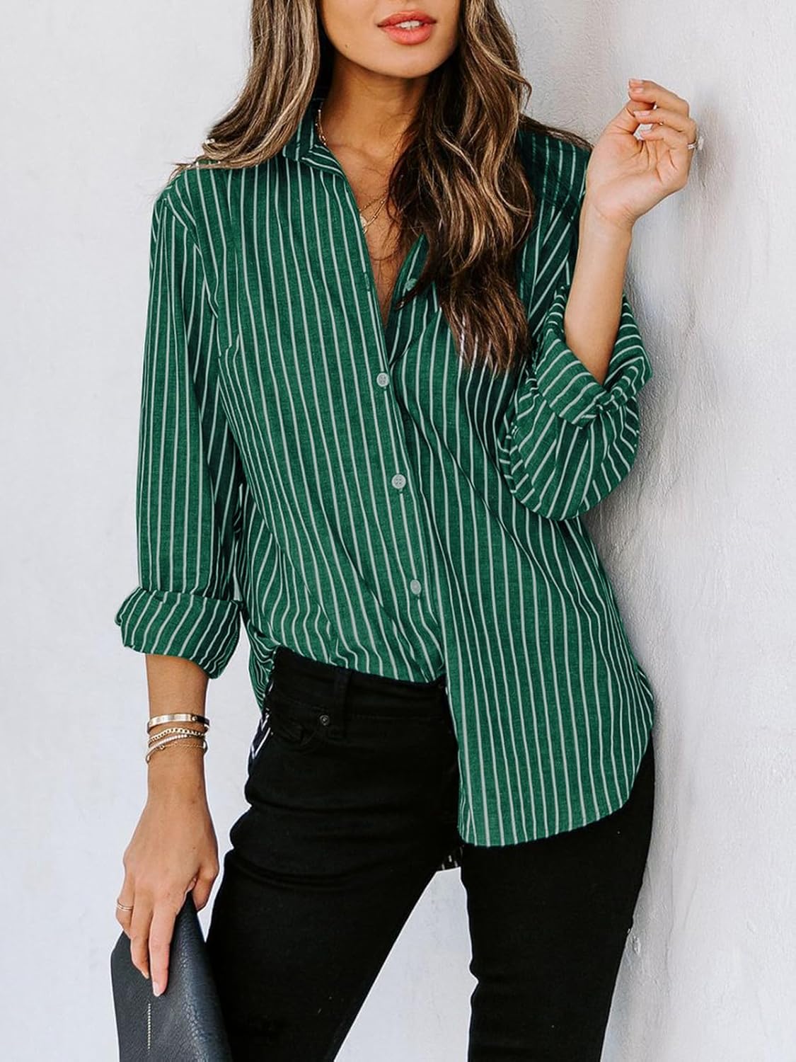 Womens Button Down Shirts Cotton Striped Dress Shirt Long Sleeve Collared Office Work Blouses Tops - Image 2