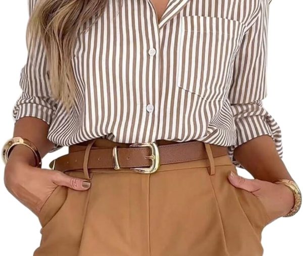 Striped Button Down Shirts for Women Dress Shirts Long Sleeve Casual Collared Office Work Shirt with Pocket