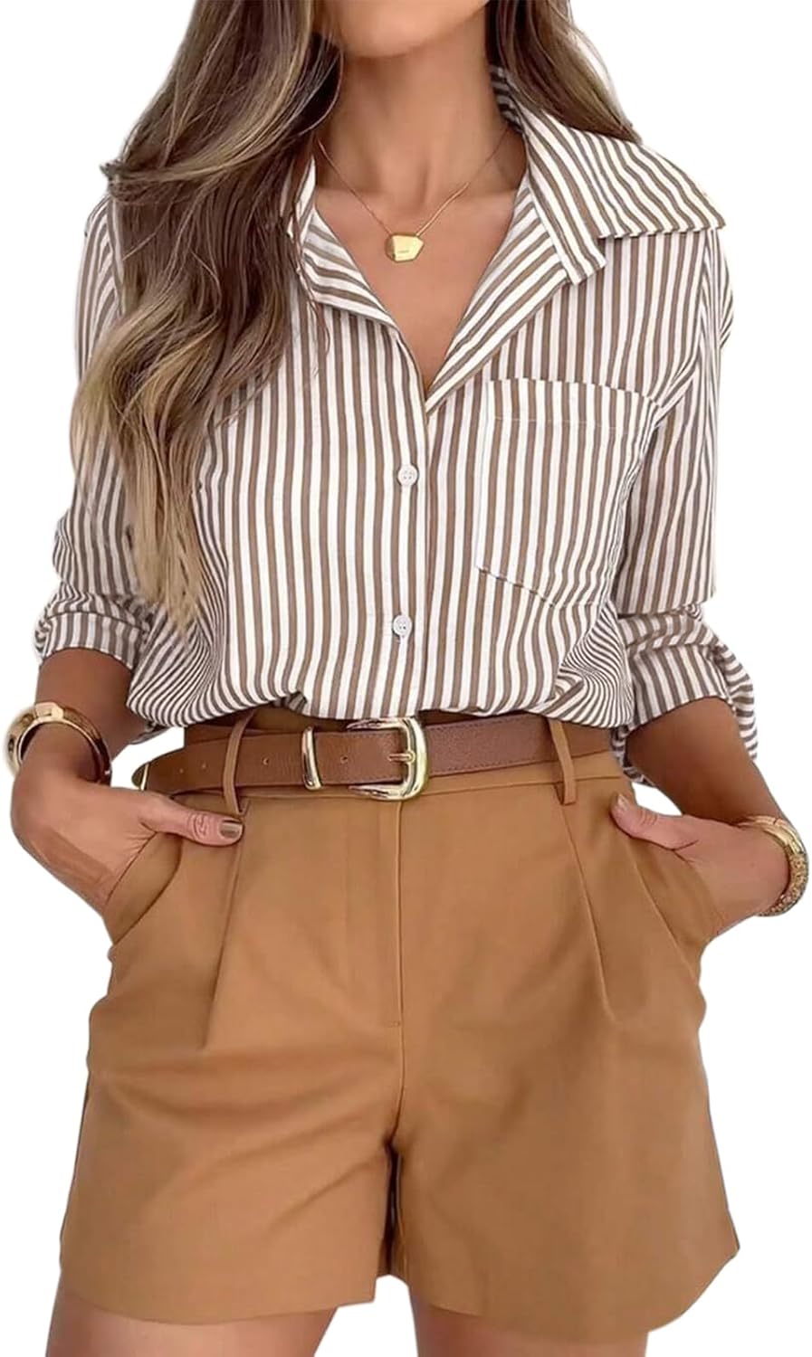 Striped Button Down Shirts for Women Dress Shirts Long Sleeve Casual Collared Office Work Shirt with Pocket