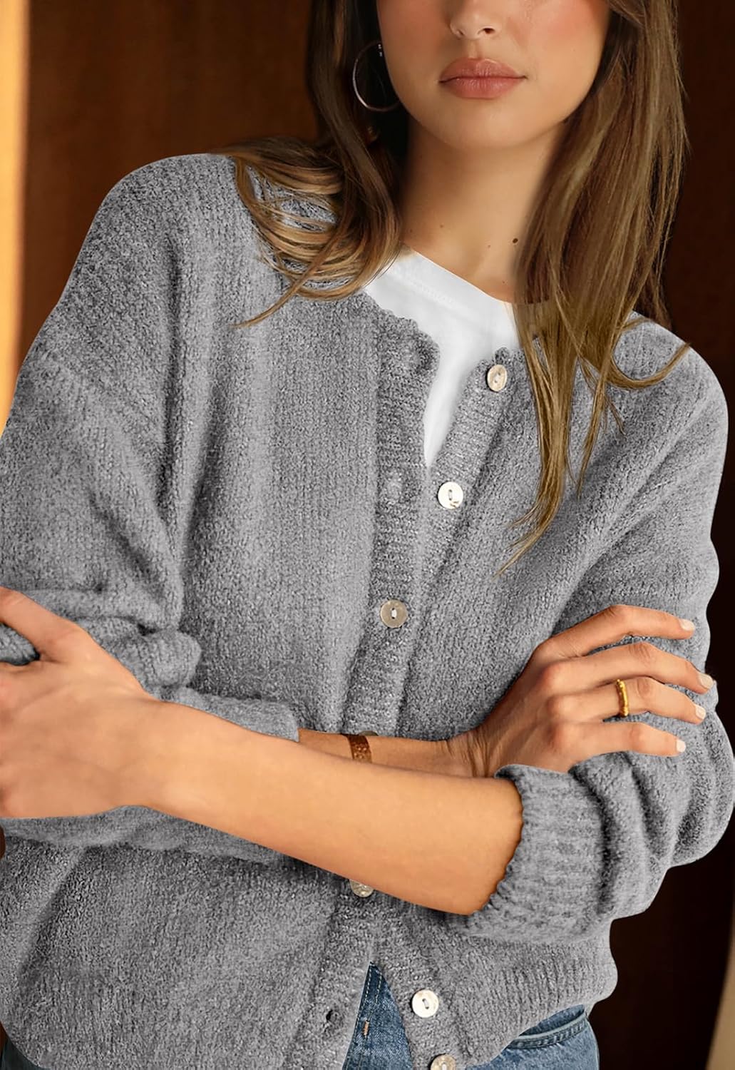 Long Sleeve Crewneck Button Down Womens Sweaters Fall Open Front Chunky Cardigan Sweaters for Women 2025 - Image 2