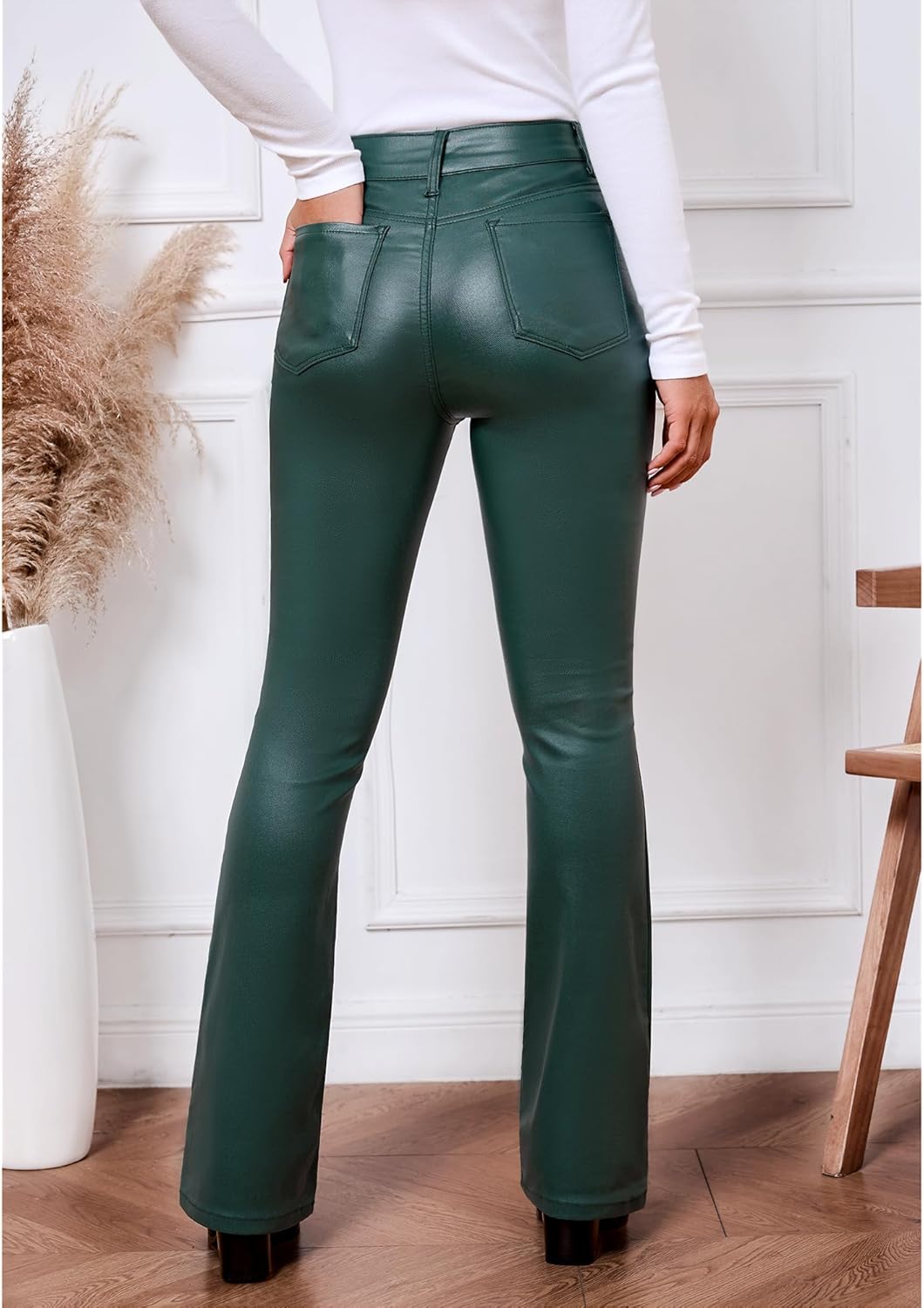 Flare Pants for Women High Wasited Stretchy Faux Leather Look Button Fly Jeans Trendy Bell Bottom Trousers - Image 2
