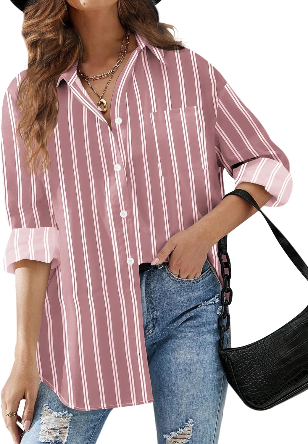 Women Button Down Striped Shirts Drop Shoulder Blouse Long Sleeve Oversized Shirt with Pocket