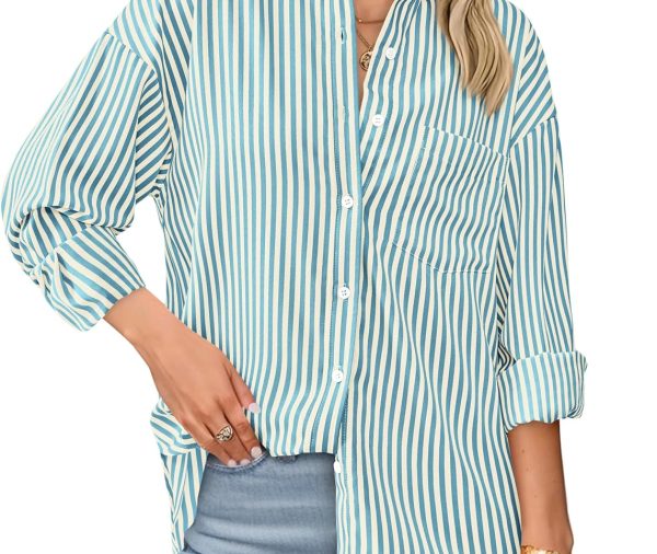 Womens Button Down Shirts Striped Shirt Long Sleeve Casual Collared Office Work Loose Fit Blouses Tops Pocket